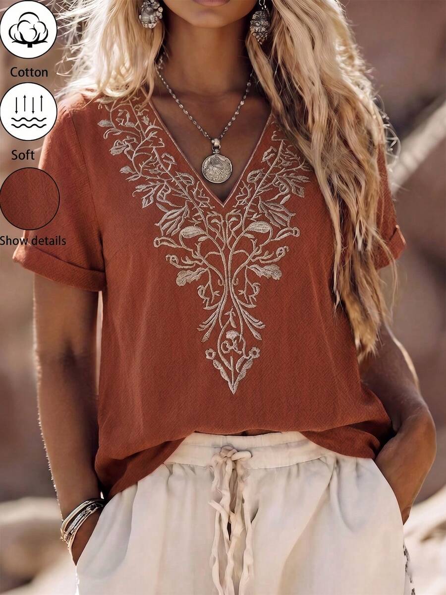 SHEIN LUNE CURVE Plus Size Floral Embroidered Casual Boho Vacation Shirt Vacation Red Summer - Orange - View 1