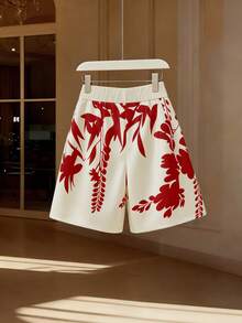 GlowEve CURVE Plus Size Women's Spring/Summer Fashion Commuter Printed Pattern A-Line Shorts - Red - View 2