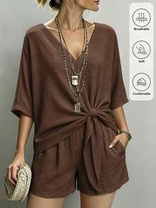 Louniche 女款休閒亞麻紋理純色V領打結襯衫與鬆緊腰短褲波希米亞度假風兩件套 - 棕色 - 查看 1