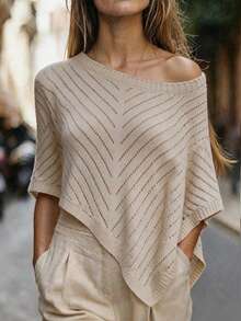 Louniche Elegant Asymmetrical Shoulder Design Summer Style Women's Sweater - Khaki - View 3