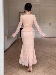 Modelyn Ensemble élégant et sexy en dentelle à taille cintrée, manches longues, 2 pièces pour femmes - Rose saumon - Voir 5
