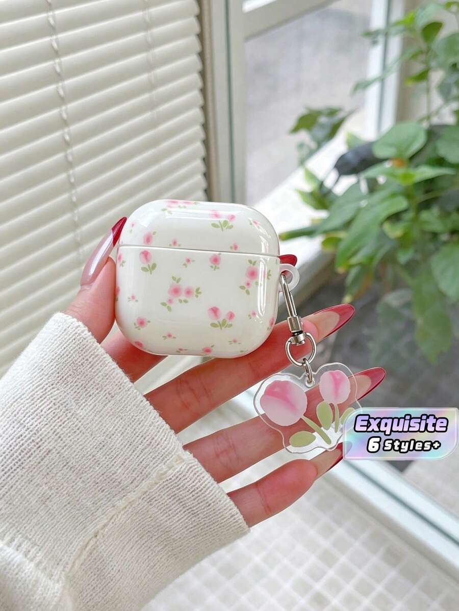 Dainty Pink Rose Floral Earphone Case With Tulip Pendant, Coquette Cover For Gen 1/2/3/4 & Pro Series - Multicolor - View 1
