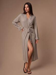 Lazeform Soft Skin-Friendly Ruffle Bell Sleeve Loose Slimming Women's Loungewear Robe - Dusty Purple - View 3