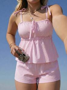 Swim Mod Plus Size Women 2 Pieces Striped Swimwear Beach Vacation Summer - Pink - View 4