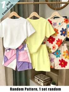 (Patrón aleatorio, 1 set aleatorio) Camiseta corta básica y shorts para niñas con patrón floral colorido, base beige y patchwork de lazos en morado y rosa - Multicolor - Ver 3