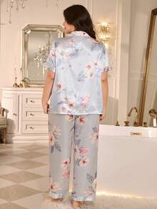 MuseNap CURVE Women's Plus Size Elegant Floral Print Satin Front Button Patch Pocket Short Sleeve Long Pants Pajama Set, Summer/Autumn - Multicolor - View 2