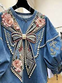Franclia 女款圓領花卉刺繡圖案仿珍珠裝飾休閒日常T恤 - 彩色 - 查看 3