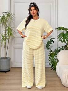 SHEIN EZwear 黃色與白色條紋上衣長褲休閒正裝商務休閒端莊大尺碼女裝套裝，適合度假、辦公室、早午餐、半正式場合，夏季穿著 - 薑色 - 查看 1