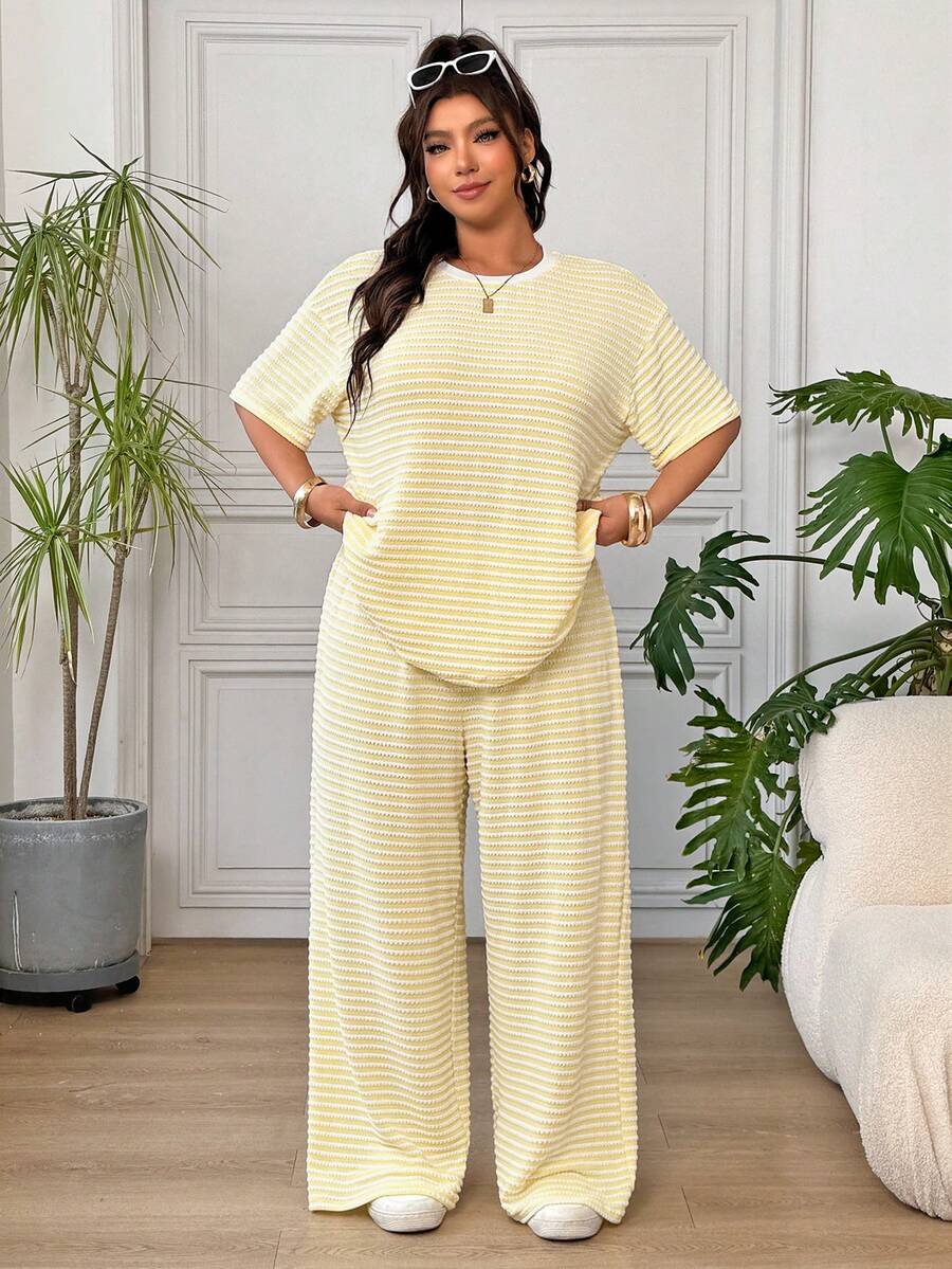 SHEIN EZwear 黃色與白色條紋上衣長褲休閒正裝商務休閒端莊大尺碼女裝套裝,適合度假、辦公室、早午餐、半正式場合,夏季穿著 - 薑色 - 查看 1