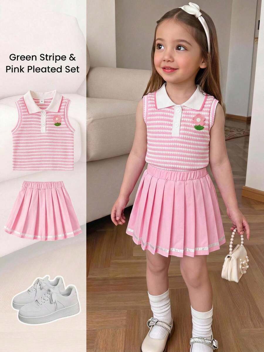 Elladie kids 2件組小女孩學院風甜美夏季條紋無袖POLO領上衣 3D花朵裝飾百褶裙套裝