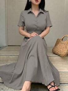 Modelyn Vestido midi de punto de unicolor para mujer - Gris - Ver 5