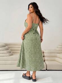 SHEIN EZwear 大尺碼女款法式優雅碎花印花細肩帶洋裝 - 綠色 - 查看 3