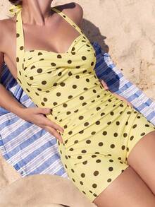 Swim Vcay Damen Strandurlaub Punkt Muster Plissee Neckholder Einteiler Badeanzug Shorts - Verschiedenfarbig - Übersicht 3