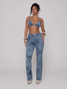 MUSERA Jeans aderenti a zampa con stampa serpente in denim, dettagli con occhielli e lacci, stile sexy Y2k cowgirl deconstructed cowboy, per primavera estate festival vacanze Ibiza - Blu - Visualizzare 1