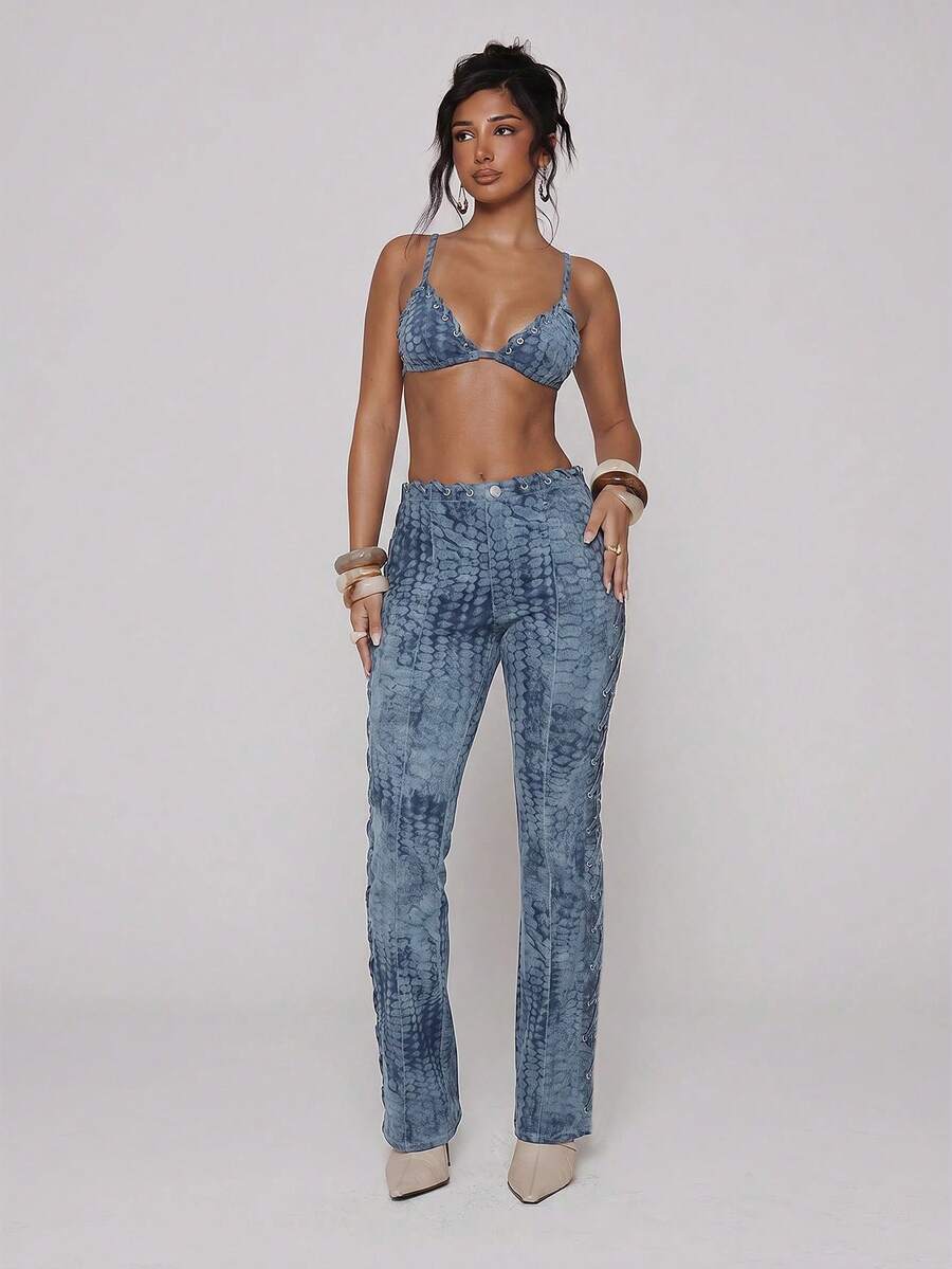MUSERA Jeans aderenti a zampa con stampa serpente in denim, dettagli con occhielli e lacci, stile sexy Y2k cowgirl deconstructed cowboy, per primavera estate festival vacanze Ibiza - Blu - Visualizzare 1