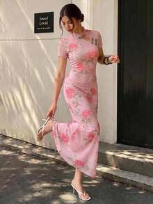 EastFlair Plus Size Summer Elegant Floral Print Dress Wedding Guest Pink - Multicolor - View 3