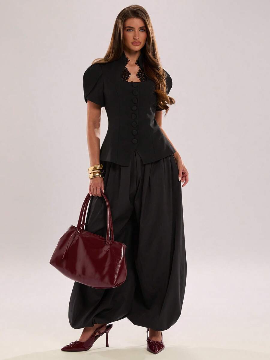 SHEIN BAE Women's Casual Commute Floral Sleeve Lace Patchwork Black Blazer Short Sleeve Top, Suitable For Casual Commute, Daily Wear, Office Commute, Casual Outing, Black Waist-Cinching Top, Black Blazer Top, Daily Outing, Office Blazer Wear, Office Commute Black Top - Black - View 1