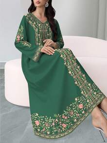 SHEIN Najma 女款花卉植物數位印花時尚V領長袖夏季優雅端莊阿拉伯風大尺碼家庭度假綠色洋裝 - 彩色 - 查看 4