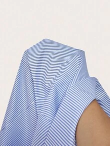 SHEIN EZwear Damen Lässig Minimalistisches Hemd mit besticktem Logo, tailliert, Langarm, Knopfleiste, gestreift, geeignet für Herbst/Winter - Blau-Weiß - Übersicht 7