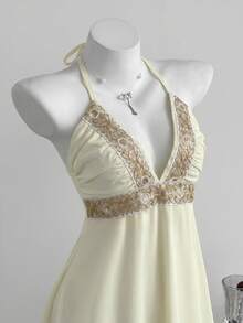 Elamini Women's Patchwork Sequin Trim Deep V-Neck Backless Halter Dress - Apricot - View 4