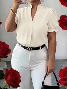Elenzga Blusa elegante de talla grande para ir al trabajo de unicolor con cuello - Albaricoque - Ver 4