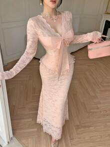 Modelyn Ensemble élégant et sexy en dentelle à taille cintrée, manches longues, 2 pièces pour femmes - Rose saumon - Voir 7