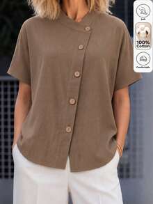 Isle Nomé Women's Spring/Summer Casual Asymmetric Placket Short Sleeve Loose Fit Versatile Shirt For Commute Vacation, Home And Daily Wear Coffee Brown - Brown - View 4