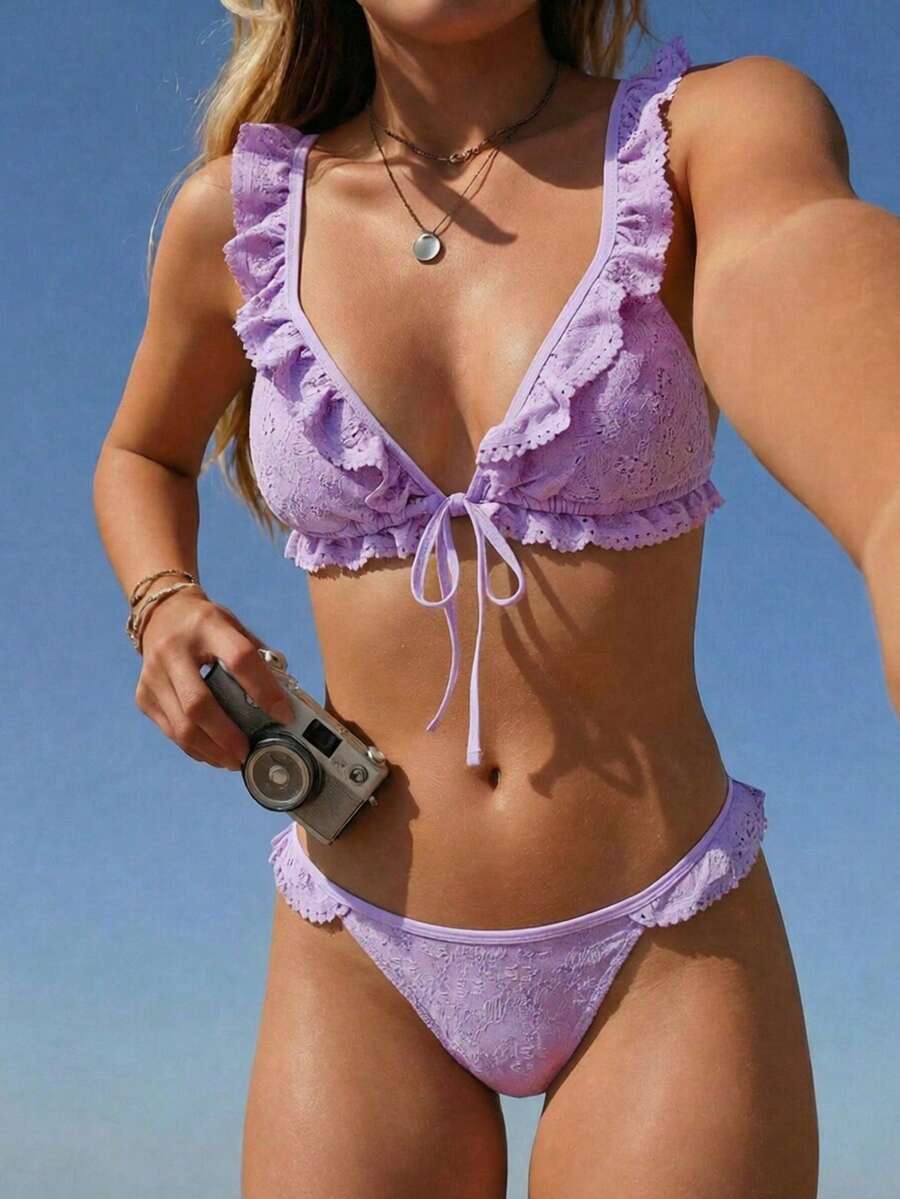 Swim Mod 夏季海灘女款休閒性感優雅女士蕾絲裝飾兩件式泳衣套裝,適合海灘泳池派對,春夏紫色亮片 - 紫色 - 查看 1