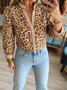 Weeklong Plus Size Women's All-Season Leopard Print Patchwork Striped Casual Elegant Commuter Office Formal Shirt Autumn Tan - Multicolor - View 1