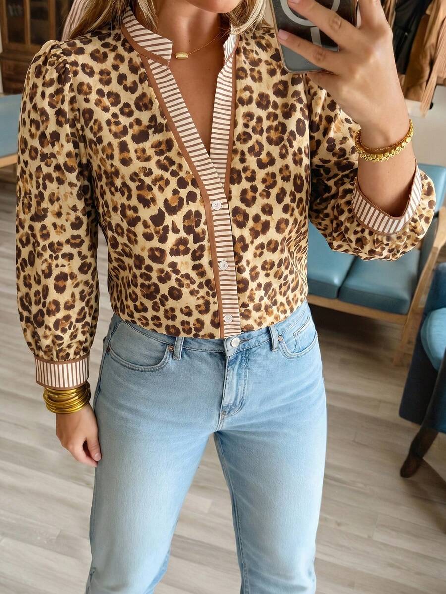 Weeklong Plus Size Women's All-Season Leopard Print Patchwork Striped Casual Elegant Commuter Office Formal Shirt Autumn Tan - Multicolor - View 1