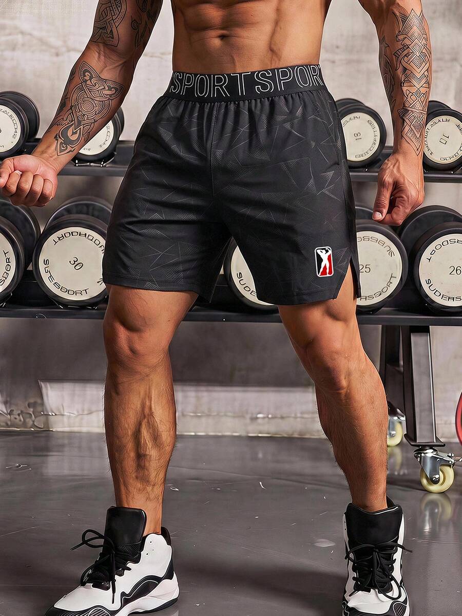 GymBeat Men's Letter Print Casual Versatile Daily Travel Sports Shorts - Black - View 1