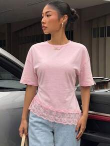 Muchica 女款純色圓領短袖蕾絲下擺修身T恤 - 淺粉色 - 查看 6