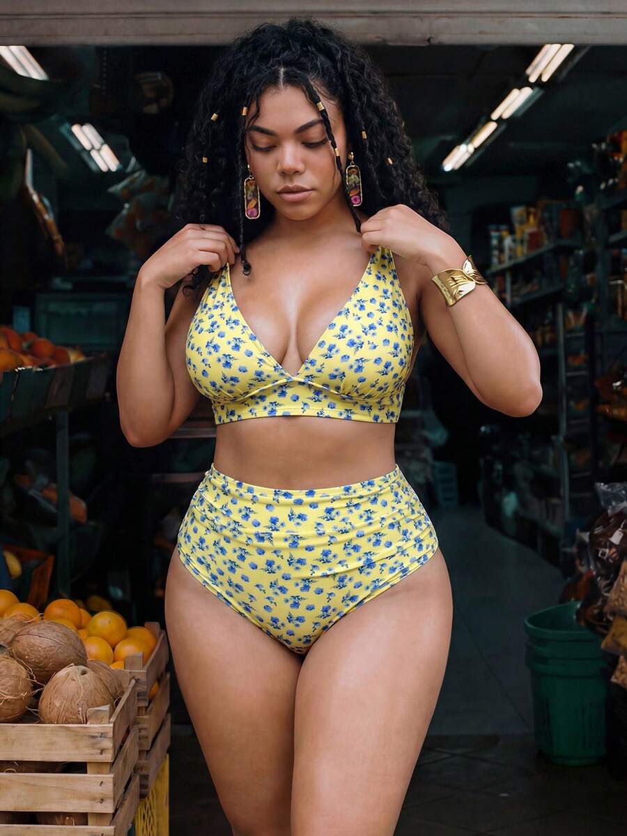 Swim Mod Plus Size Women 2-Piece Random Print Casual Swimsuit Set - Yellow - View 1