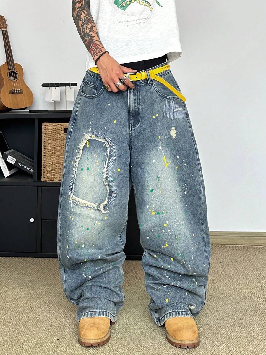 STEELVANCE Streetwear Grunge Vintage Fashion Versatile Distressed Washed Paint Hand-Painted Embroidered Ripped Raw Edge Design Loose Straight Wide Leg Jeans