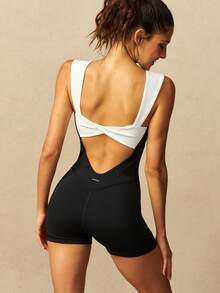 VARSIVA Colorblock Patchwork Backless Sleeveless Fitted Athletic Modest Athleisure Romper Gym Workout Black And White Summer - Black and White - View 9