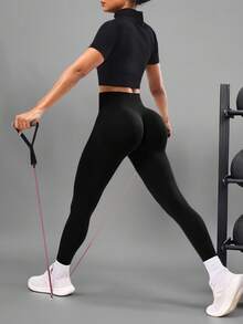 SHEIN 女款 2 件組素色無縫瑜伽緊身褲 高腰寬腰帶 提臀 健身跑步運動褲 女款運動服 - 紅色 - 查看 3