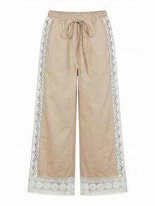 Balvessa Celana Jeans Wanita dengan Patchwork Renda Warna Kontras - Khaki - View 5
