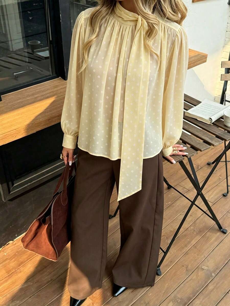 Avenya Vintage Elegant Polka Dot Ruched Long Sleeve Chiffon Blouse Teachers' Day Office Brunch White Polka Dot Autumn - Multicolor - View 1