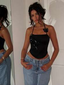 BamGleam Women's Sequin Applique Beaded Embroidery Butterfly Spaghetti Strap Tie Strap Tank Top Night Out Party Date Night Black And White Summer Elegant Sexy - Black - View 3