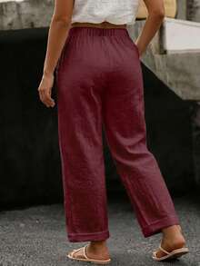 EMERY ROSE Plus Size Women's Casual Pure Cotton Solid Color Long Pants With Pockets And Button Closure - Burgundy - View 2