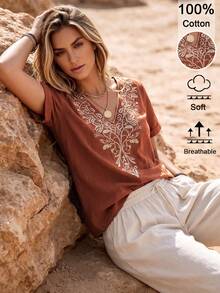 SHEIN LUNE CURVE Plus Size Floral Embroidered Casual Boho Vacation Shirt Vacation Red Summer - Orange - View 5