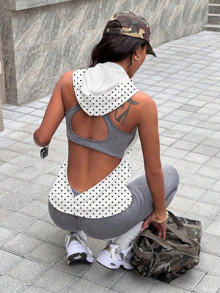 Dewbera Dewbera 女款夏季網球風戶外運動波點印花前中口袋無袖連帽露背設計性感瑜珈運動上衣 - 黑與白 - 查看 1