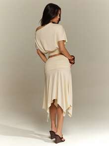 Denimoi 2 Pieces Set Asymmetrical Skirt And Off Shoulder Top Matching Set Vacation Outfits Brunch Summer - Apricot - View 7