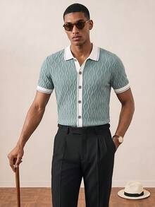Manfinity Homme Men's Contrast Trim Button Front Knit Polo Shirt,Short Sleeve Knitted Sweater Shirt,Mint Green Dusty Blue Summer Casual Vacation Holiday Outfit - Multicolor - View 6