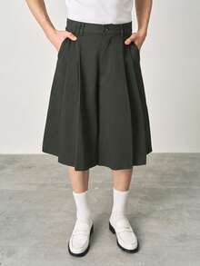 STYNVO Pantalones capri de moda para hombre de unicolor con pliegues, botones y bolsillos - Verde Oscuro - Ver 3