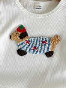 SHEIN Playful Pals 女嬰時尚休閒圓領純白色可愛小狗圖案刺繡短袖上衣搭配藍色格紋可愛3D蝴蝶結長褲，柔軟百搭2件套，適合夏季出遊、旅行、上學及各種場合日常穿著 - 藍白色 - 查看 6