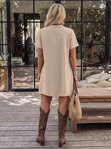 LanaWest CURVE Plus Size V-Neck Short Sleeve Elegant Dress - Khaki - View 2