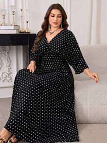 Modelyn Elegant Polka Dot Print V-Neck Long Sleeve Cinched Waist A-Line Regular Fit Plus Size Dress For Spring And Autumn Fall - Black - View 3