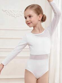 SHEIN Young Girls' Sports Mesh Panel Bodysuit, Mesh Patchwork, One-Piece Athletic Design, Solid, Knit, Fitted, Sportswear, Cardigan, Knitted, Vest, Collar - White - View 6
