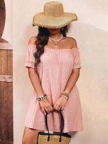 Breezaya Plus Size Elegant Off-Shoulder Dress, Slimming Waist Design With Faux Pearl Decor, Versatile For Daily, Work, Party, Date, Photo Shoot - Pink - View 3